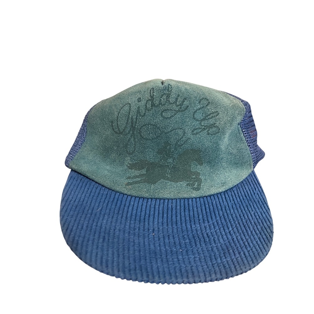 Understated Leather Giddy Up Trucker Hat Blue Suede Corduroy Mesh Snapback Cap